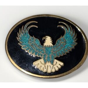 Vintage Brass Turquoise Inlay Eagle Enameled Belt Buckle Western Americana